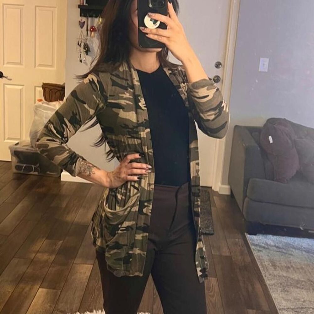Bobeau Women’s XS Camo Open Front Draped Cardigan Pockets Olive Green